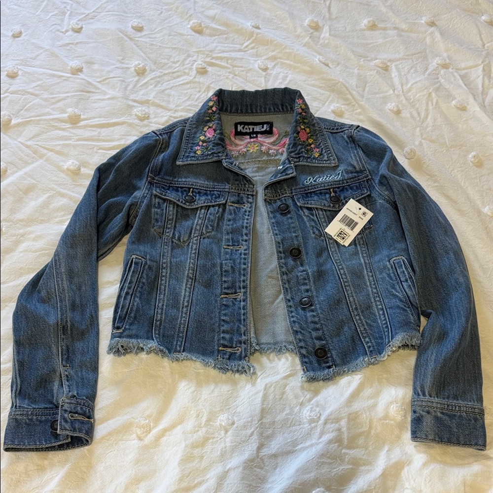 Katie J NYC Blue Denim Jean Jacket with Pink Floral Embroidery